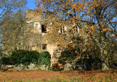 Vorderseite der Burg mit Resten der vorgelagerten Befestigung. 