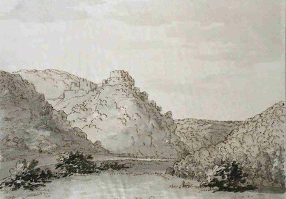 Nový Hrádek from the Dyje, washed ink combined technique, G. M. Monsorno, 1820s.