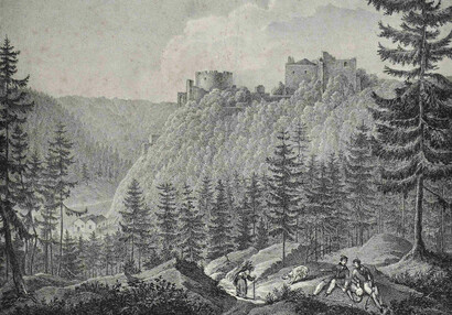 Veduta hradu z rakouského břehu Dyje, litografie, A. B. Kunike, okolo roku 1834.