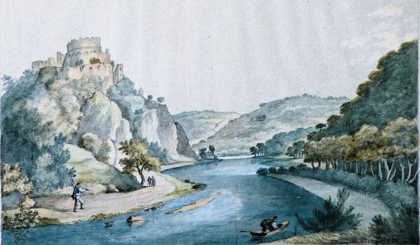 Nový Hrádek od Dyje, kolorovaná kresba tužkou, Franz Richter, 1832. Nový Hrádek od Dyje, kolorovaná kresba tužkou, Franz Richter, 1832.