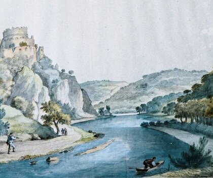 Nový Hrádek od Dyje, kolorovaná kresba tužkou, Franz Richter, 1832. Nový Hrádek od Dyje, kolorovaná kresba tužkou, Franz Richter, 1832.