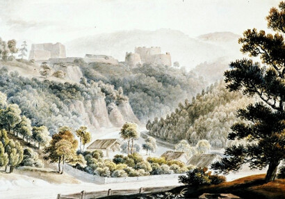 Nový Hrádek from the Dyje, coloured pencil drawing, N. Hardinger.