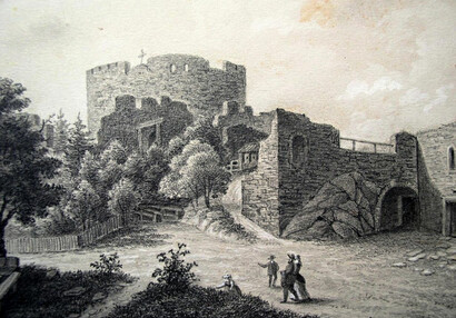 Starší hrad od východu, kresba tužkou, Josef Doré, třetí čtvrtina 19. století.