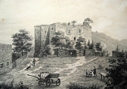 Mladší hrad s hájovnou, kresba tužkou, Josef Doré, třetí čtvrtina 19. století.