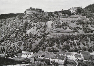 Veduta hradu od východu, na jižním svahu terasy osázené vinohrady, u řeky budovy mlýna, první polovina 20. století.