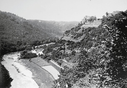 Die Burg vom Fluss aus, auf der Flussaue Felder der Neuhäusler Mühle, 20-er – 30-er Jahre des 20. Jh.