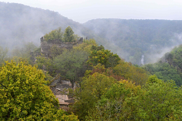 Podzimní mlhy v údolí pod hradem.